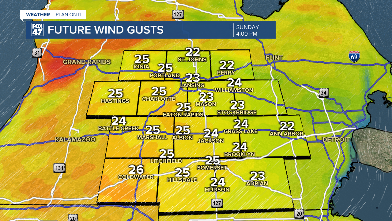 Winds gusting up to 25mph Sunday out of the south shouldn't impact feels like temperatures during the afternoon