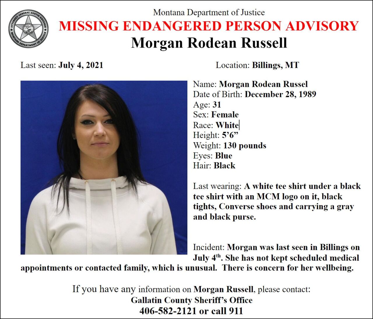 Missing/Endangered Person Advisory for Morgan Russell