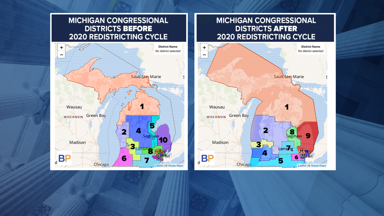 Michigan districts before 2020 redrawing and after