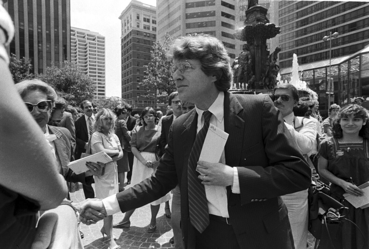 Ohio Democratic gubernatorial candidate Jerry Springer greets supporters in Cincinnati in 1982