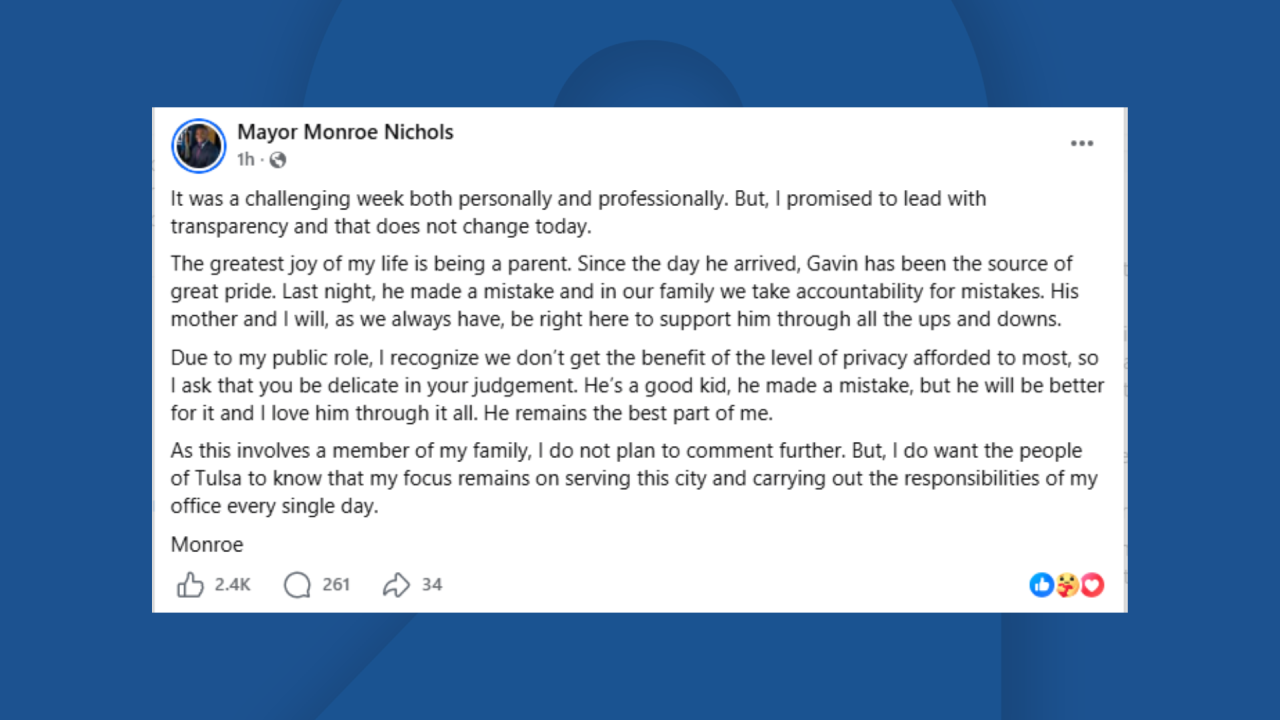 "To lead with transparency": Tulsa Mayor Monroe Nichols posts to social media following sons arrest