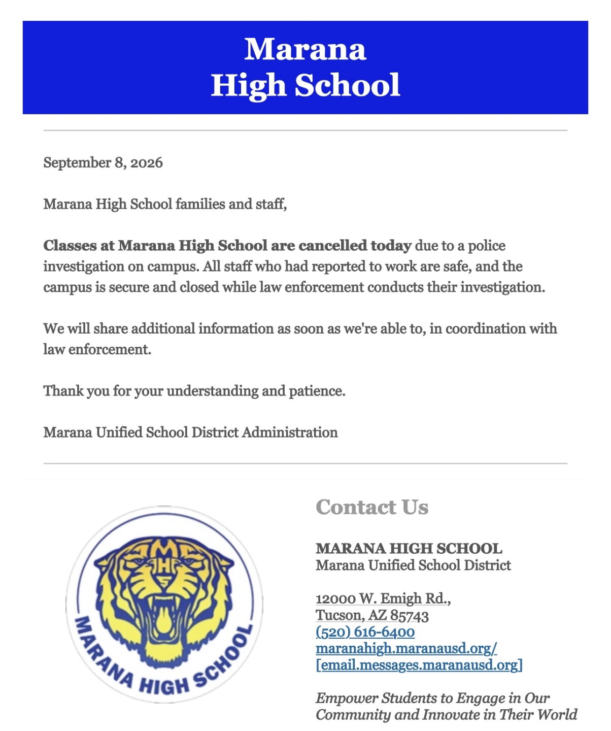 Marana HS letter