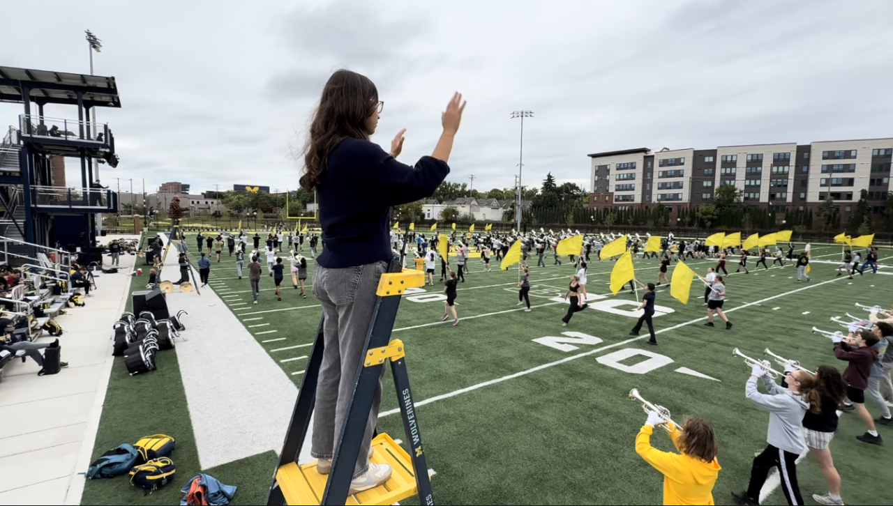 The Michigan Marching Band rehearses at Elbel Field