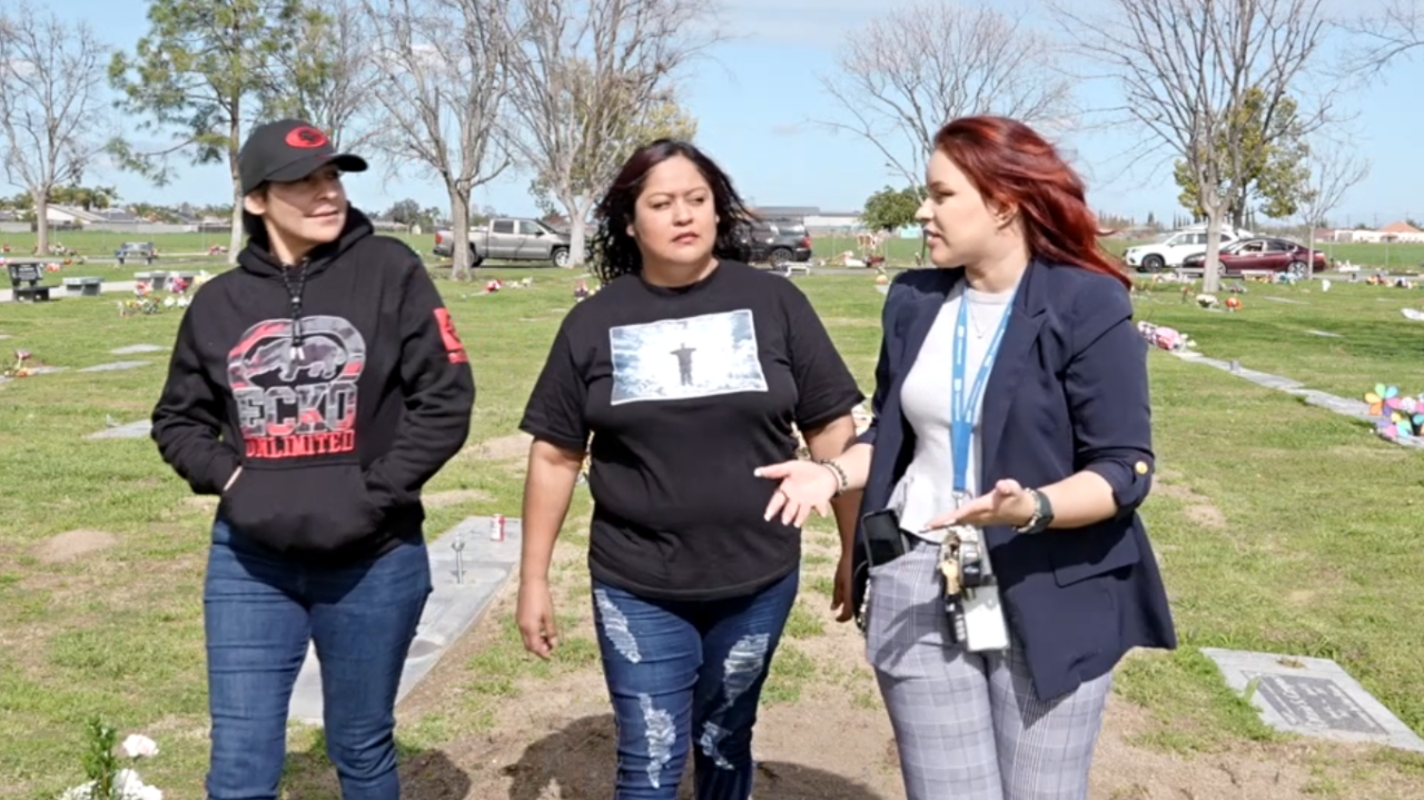 Neighborhood News Reporter Ruby Rivera interviewing victim's sisters Sandra and Cynthia in Delano