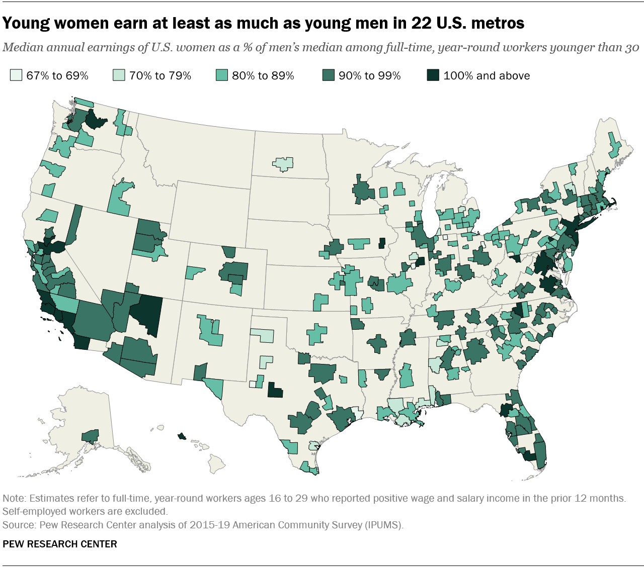 Pew Research Center map on young women's earnings