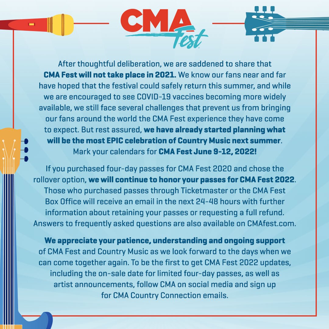 Cma Fest 2021 Canceled Due To Continued Covid 19 Challenges Dates For 2022 Event Announced Cma Events 2022