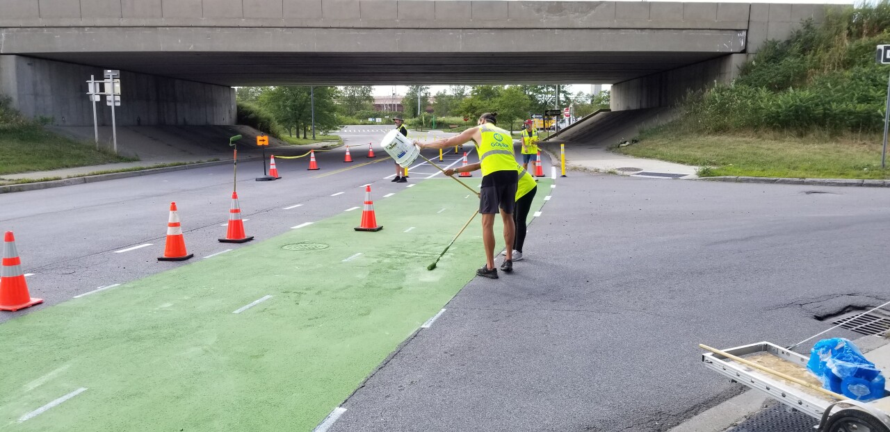 Workers are already installing the bike path