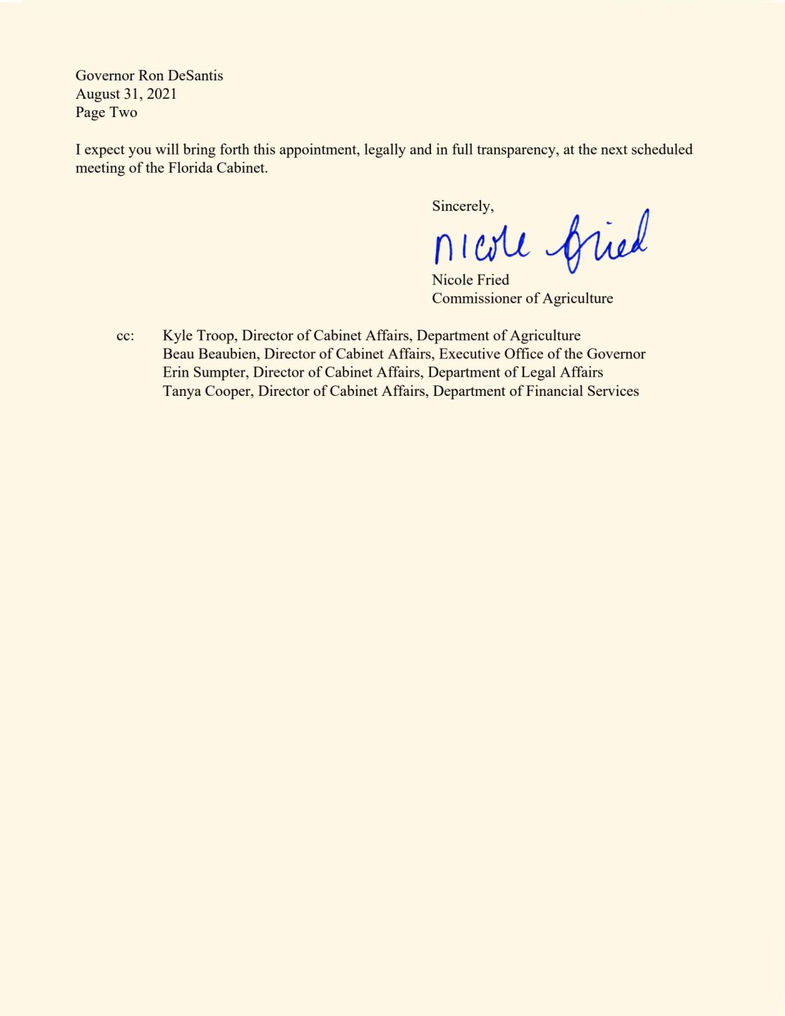 Nikki Fried letter to Ron DeSantis, page two, Aug. 31, 2021