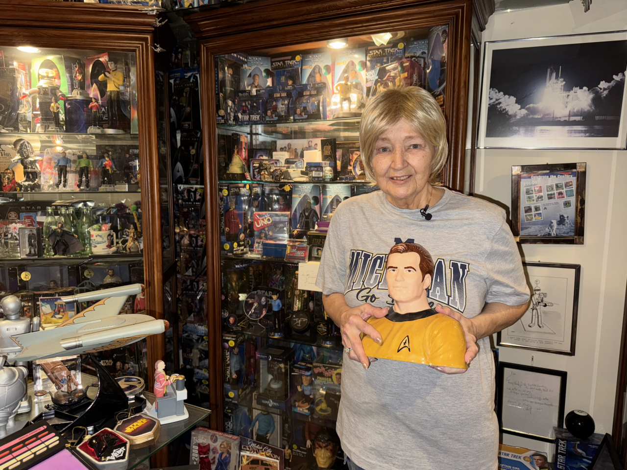 Sue Uram with a smaller version of the cookie jar she took to House of Renew