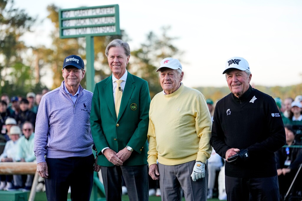 Jack Nicklaus, chairman Fred Ridley, Tom Watson, Gary Player pose before the ceremonial tee shot on the first hole during the first round of the Masters golf tournament at the Augusta National Golf Club, Thursday, April 9, 2026, in Augusta, Ga.