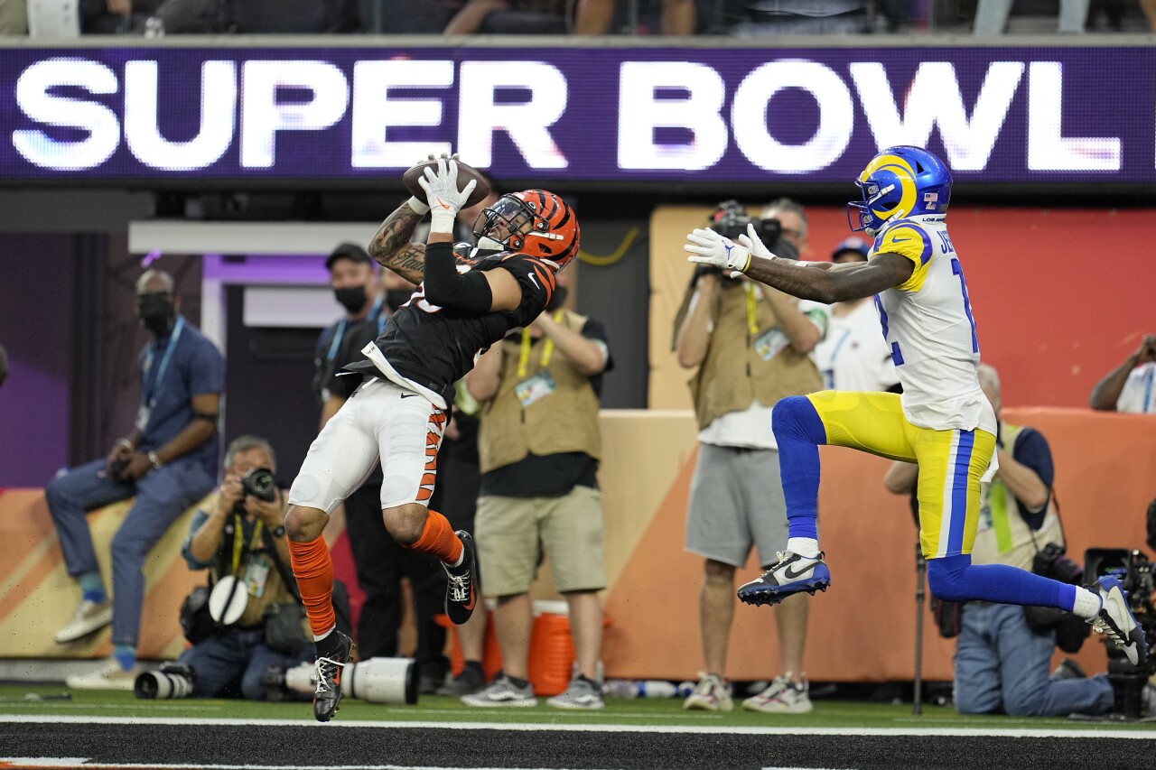 Cincinnati Bengals safety Jessie Bates III intercepts football intended for Los Angeles Rams receiver Van Jefferson in end zone during second quarter of Super Bowl LVI