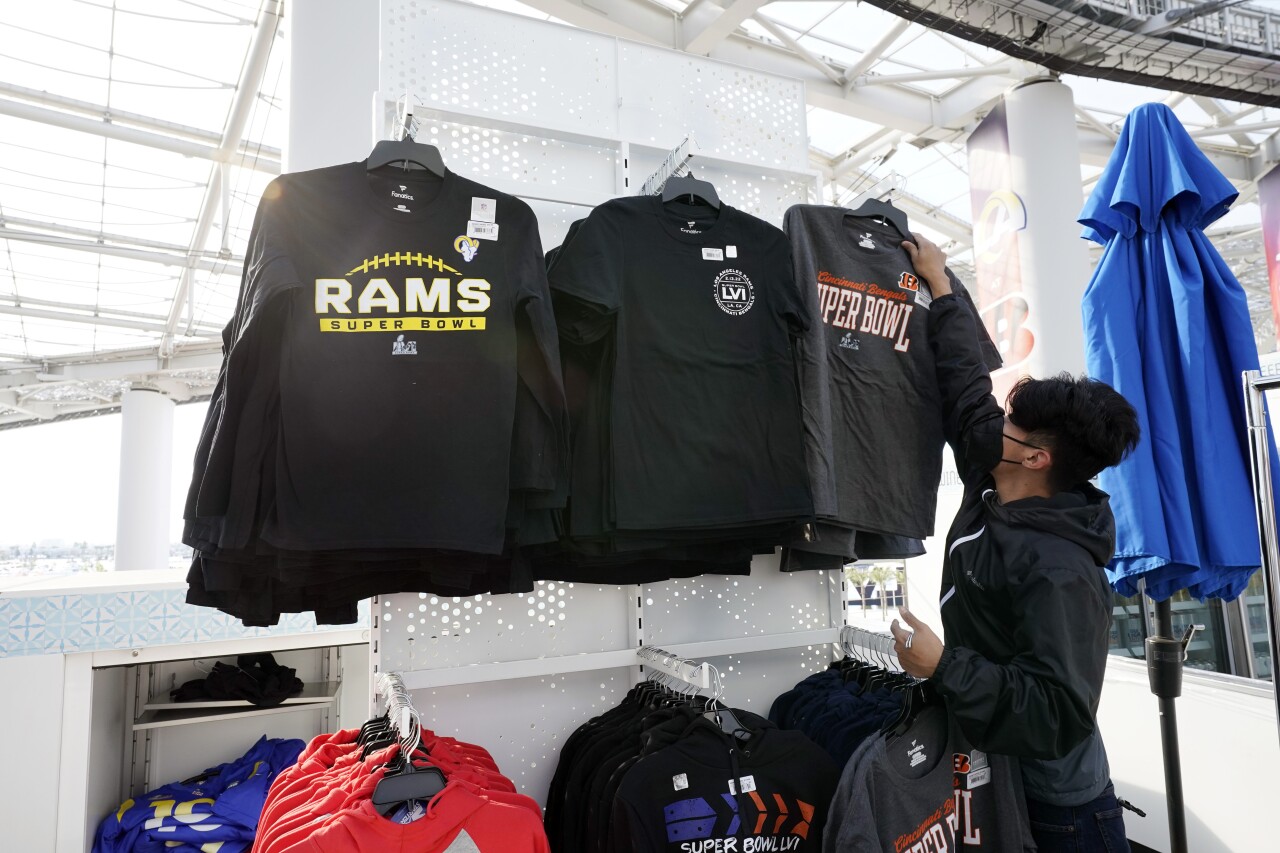 Super Bowl LVI merchandise on display inside SoFi Stadium, Feb. 8, 2022