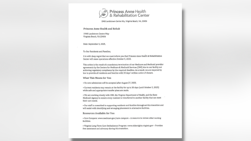 Family secures new care for loved one as closure of Princess Anne Health and Rehabilitation Center approaches