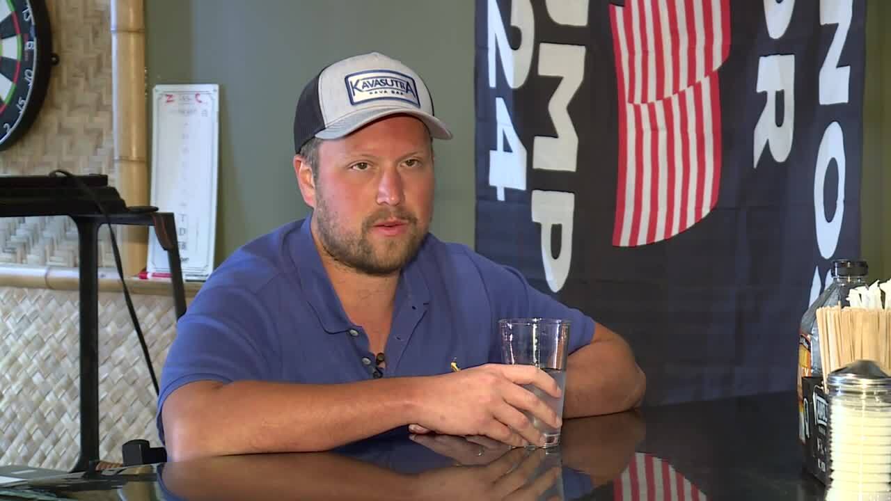 Michael Klein, owner of Kavasutra Kava Bar in Lake Worth Beach, talks about 'Trump 2024' message on roof, May 6, 2024