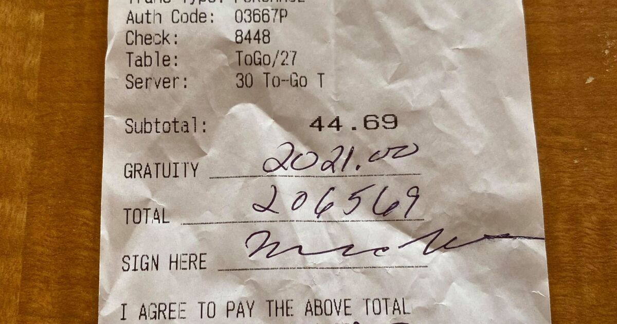 Petoskey waitress receives 2,021 tip on takeout order