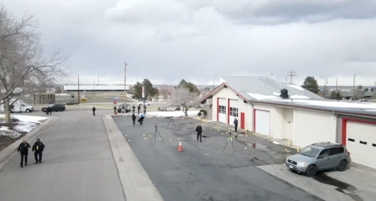 A police department drone flew over the crime scene in Lakewood, Colorado on March 27, 2023.