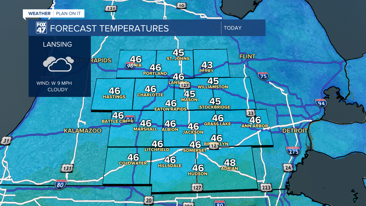Temperatures warm into the mid 40's with feels like temperatures struggling to escape the 30's