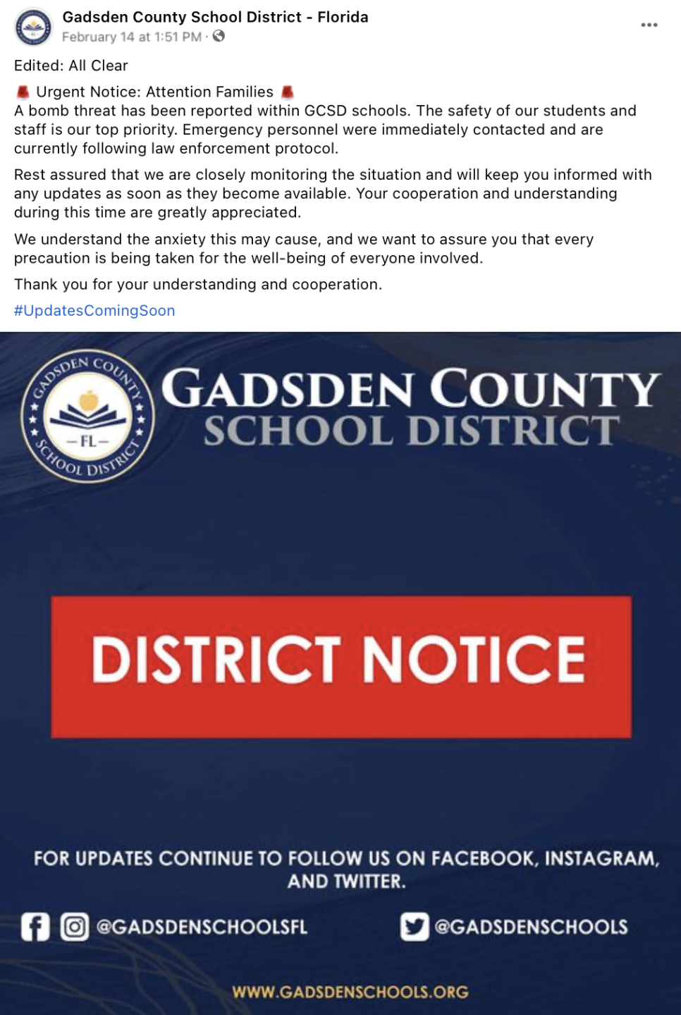 Gadsden County School District Bomb Threat 02/14/2024