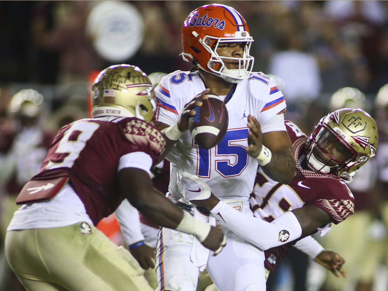 Florida State Seminoles defensive end Derrick McLendon II and safety Shyheim Brown sack Florida Gators QB Anthony Richardson in third quarter, Nov. 25, 2022