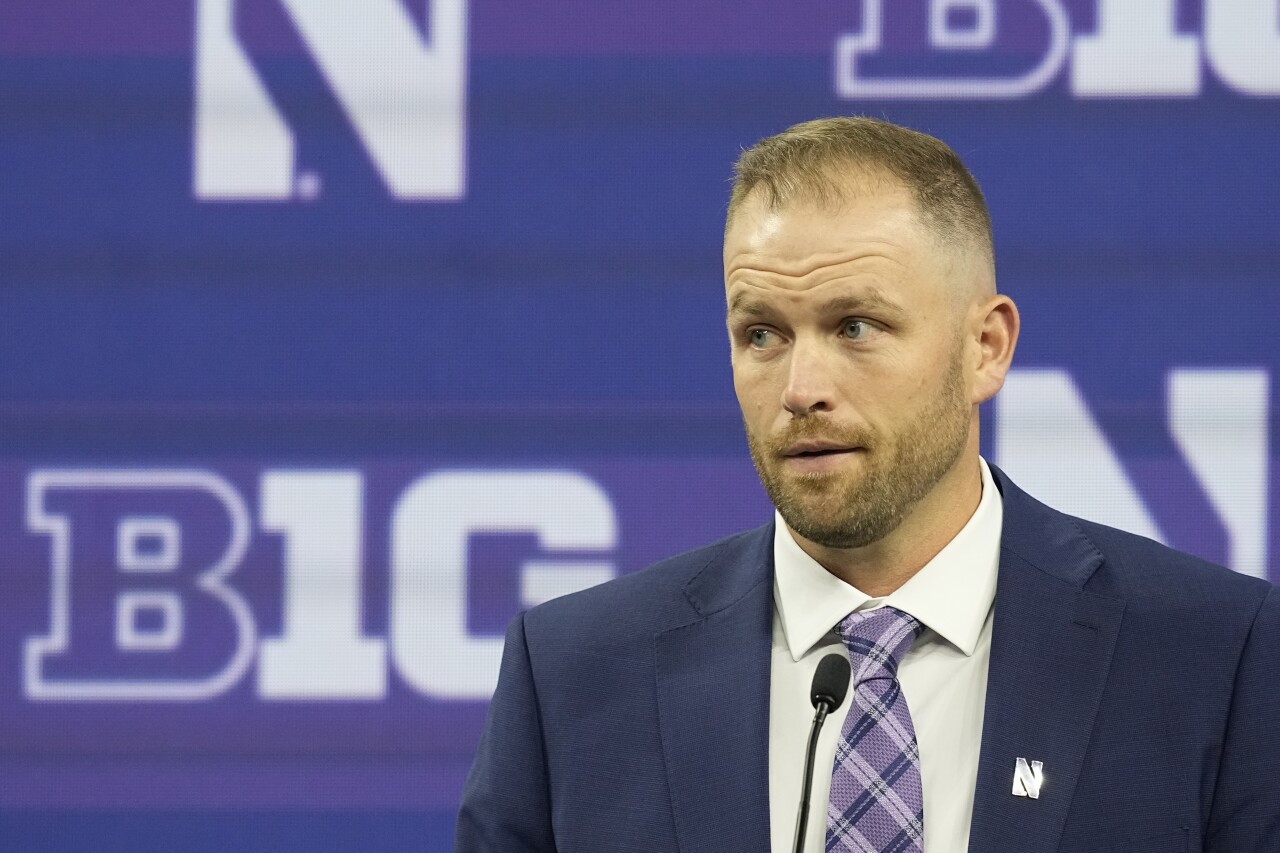 Northwestern Wildcats interim head coach David Braun at Big Ten Conference media days, July 26, 2023