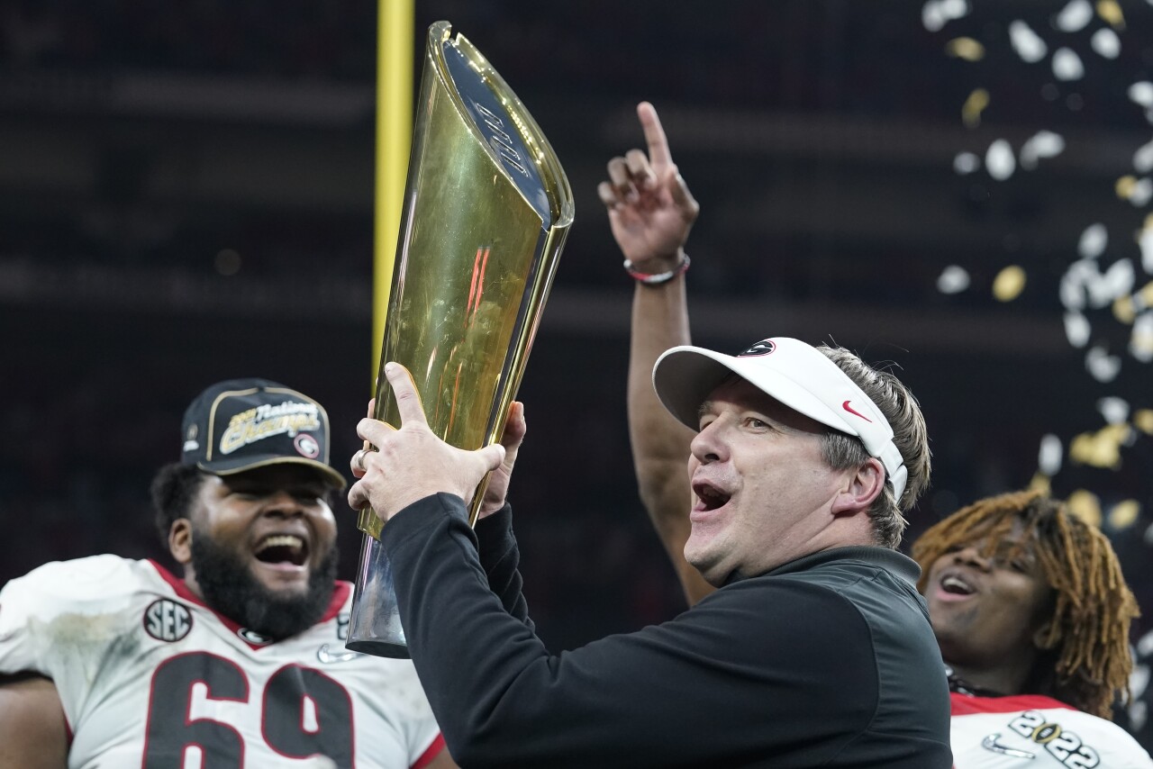 Georgia Bulldogs head coach Kirby Smart celebrates after winning College Football Playoff National Championship, Jan. 11, 2022