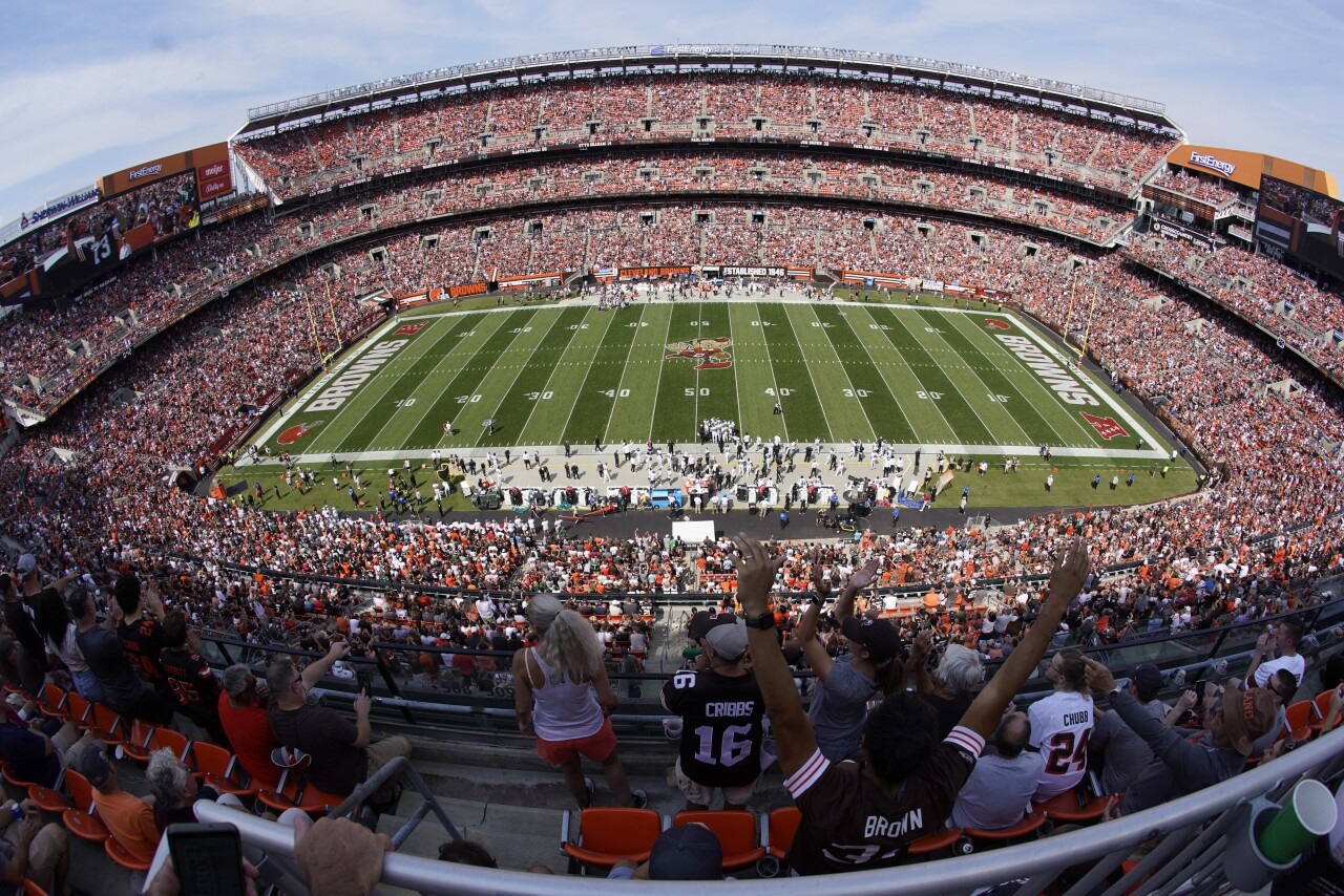 Fans get ready for kickoff at a game between the Cleveland Browns and the New York Jets in 2022, at the lakefront stadium now known as Huntington Bank Field.