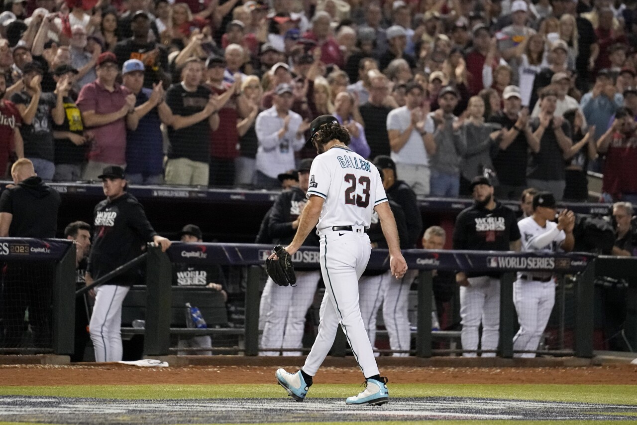 Arizona Diamondbacks pitcher Zac Gellen leaves game vs. Texas Rangers during seventh inning of Game 5 of World Seies