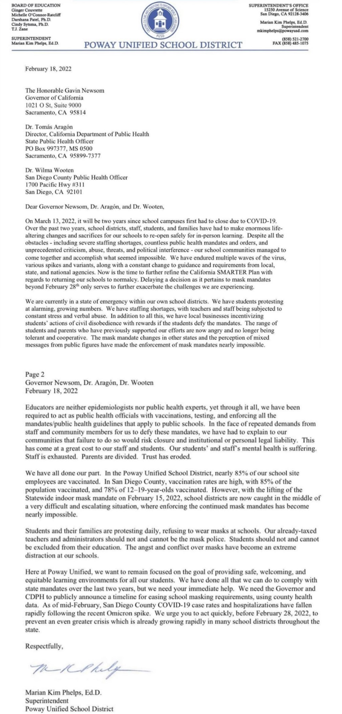 Poway Unified Superintendent Letter