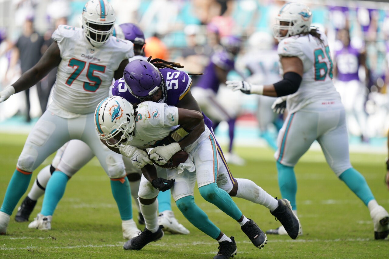 Miami Dolphins QB Teddy Bridgewater sacked by Minnesota Vikings linebacker Za'Darius Smith, Oct. 16, 2022