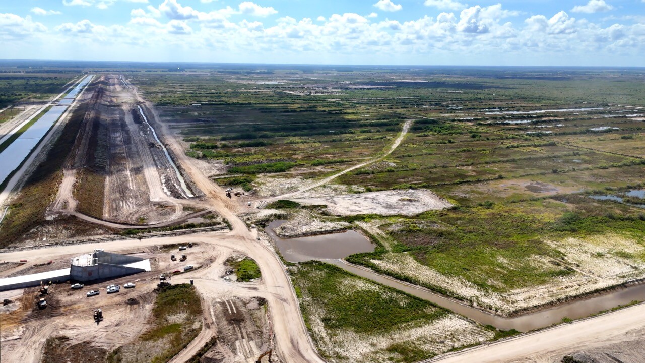 Aerial view of one of dams in the C-43 Reservoir.