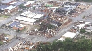 This image taken from video provided by KOCO shows damage caused by a tornado in Sulphur, Oklahoma, Sunday, April 28, 2024.