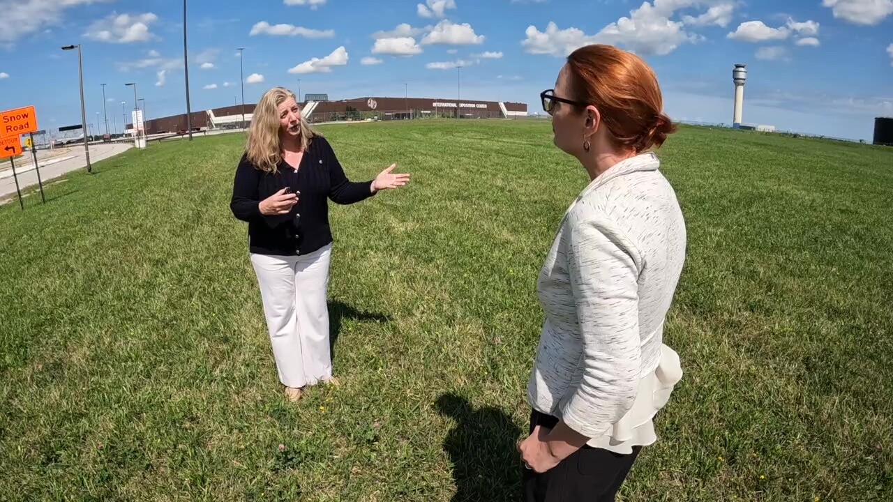 Michelle Burke (left), president of the Ohio Marine Trades Association, talks to News 5 reporter Michelle Jarboe about bringing the Progressive Cleveland Boat Show back to the I-X Center.