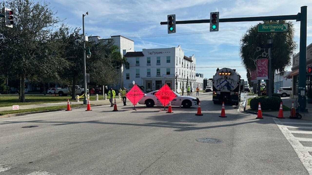 Road closure at North Dixie Highway at Northwood Road in West Palm Beach on Dec. 4, 2025.