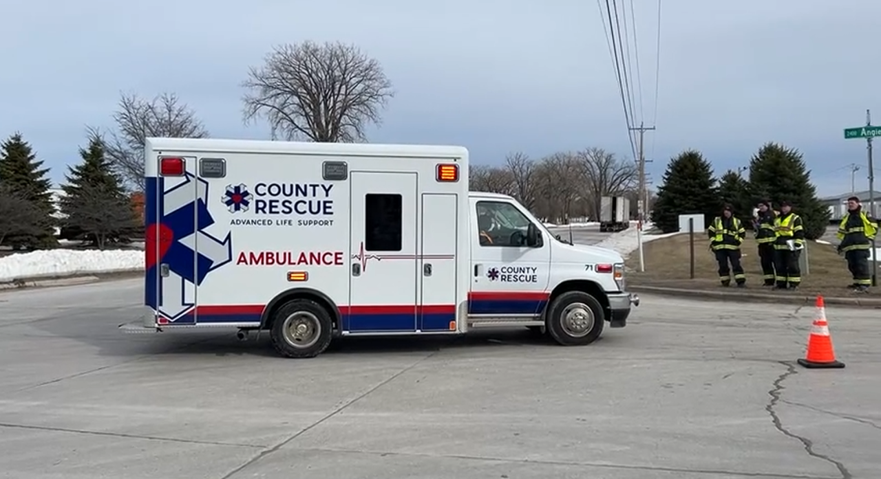 An ambulance arrives to the scene of a bus crash in Green Bay on Sunday, March 22, 2026.
