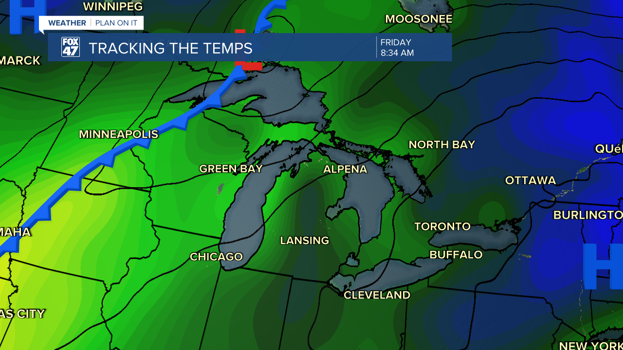 Once high pressure tracks east, temperature will begin to climb with shower potential returning Friday ahead of an incoming cold front