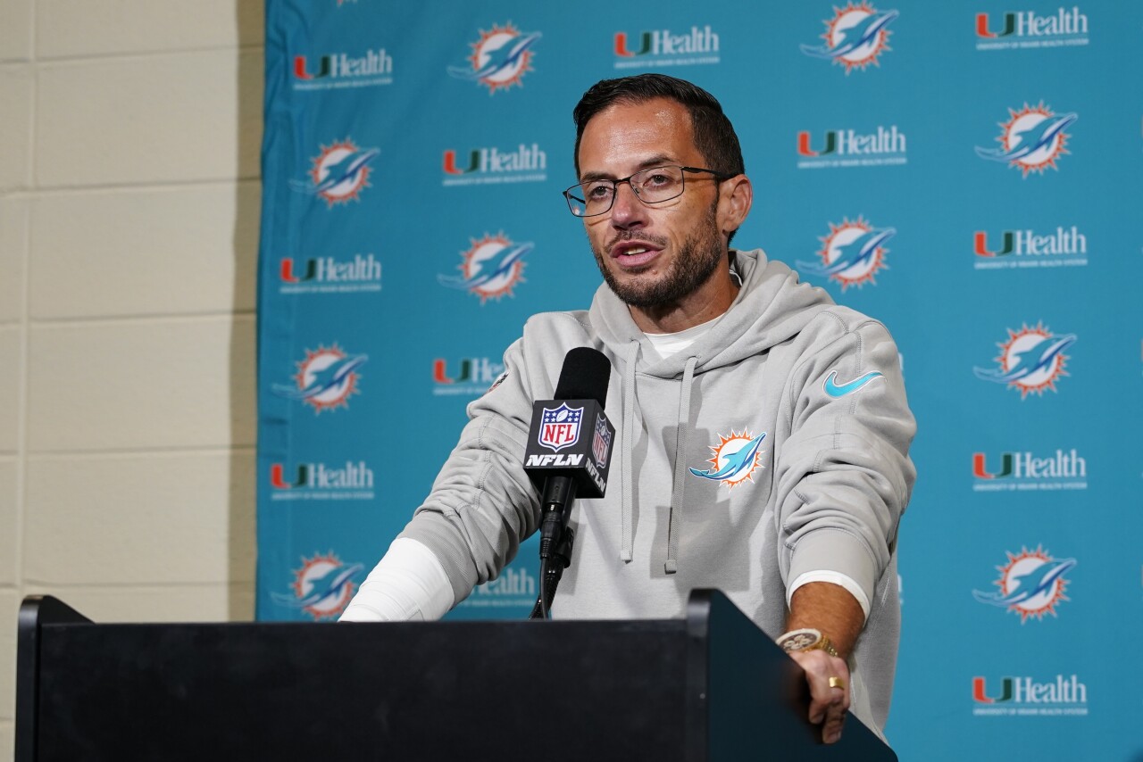 Miami Dolphins head coach Mike McDaniel speaks to reporters after 'Sunday Night Football' game at Philadelphia Eagles, Oct. 22, 2023