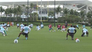 The Miami Dolphins hold a practice on Nov. 24, 2025, in Miami Gardens, Florida.