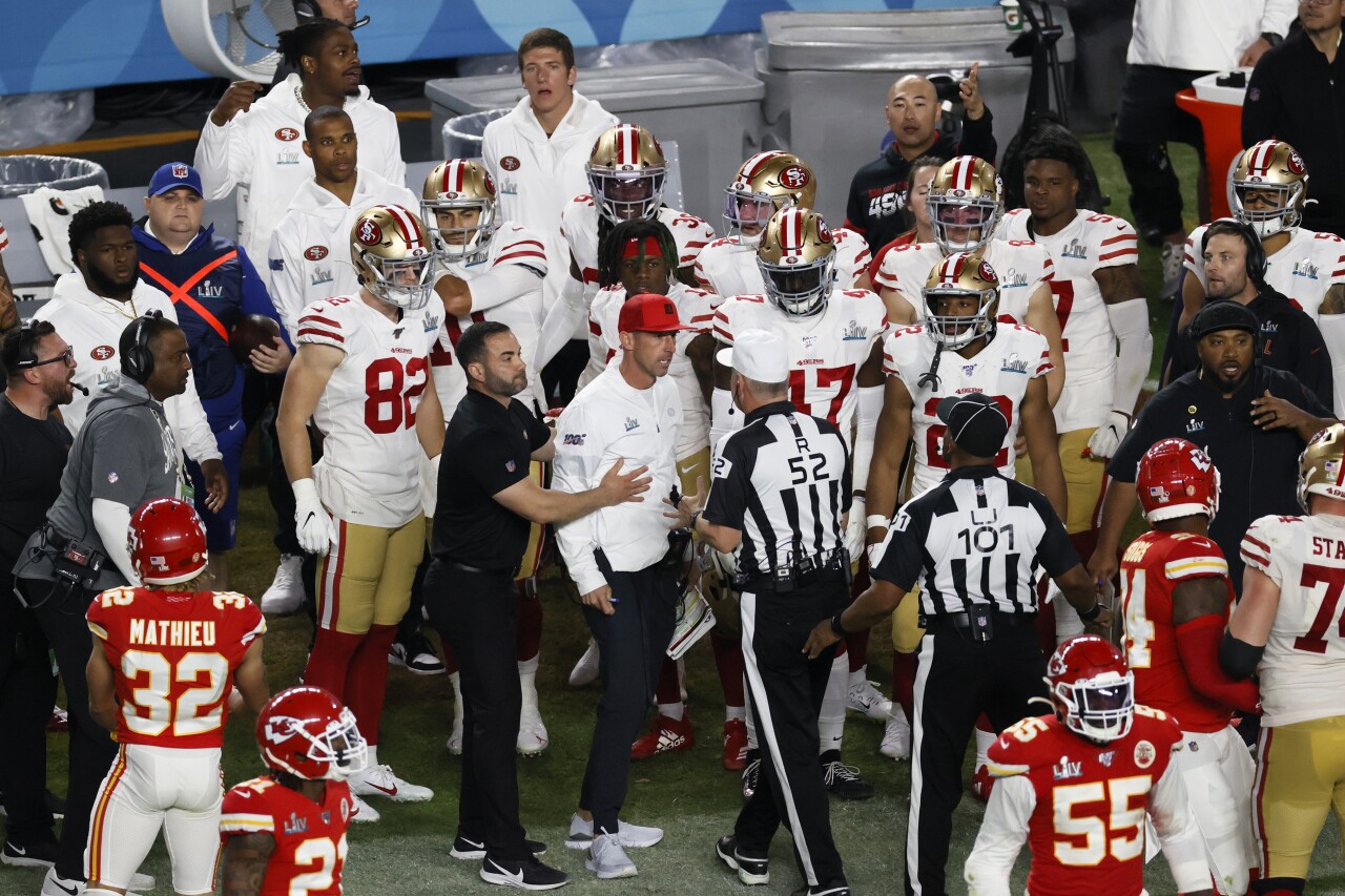 San Francisco 49ers head coach Kyle Shanahan reacts to call in Super Bowl LIV