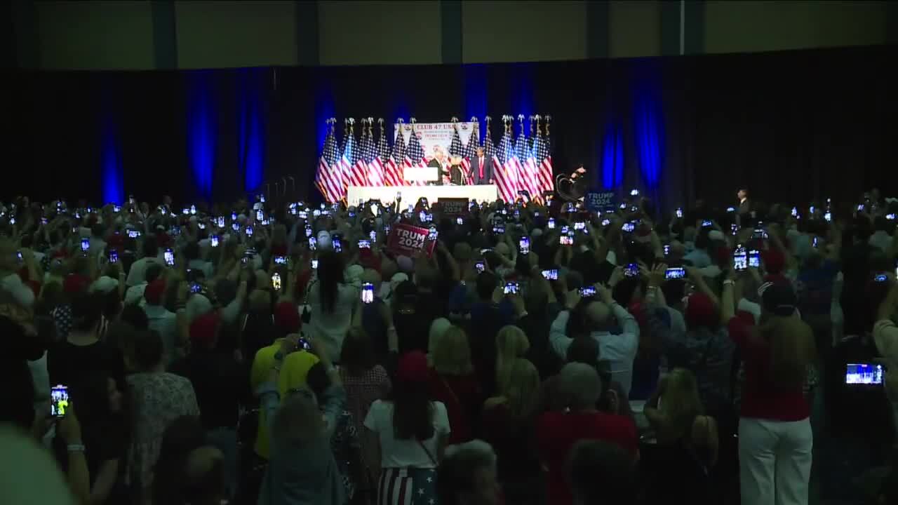 A few thousand people watch former President Donald Trump speak at the Palm Beach Convention Center. Oct. 11, 2023
