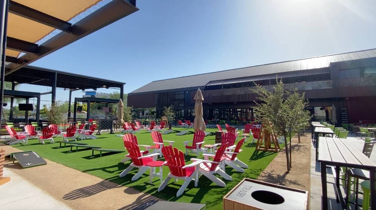 The courtyard features has games like Jenga, Cornhole, Battleship and has lawn chairs for guests to relax in.
