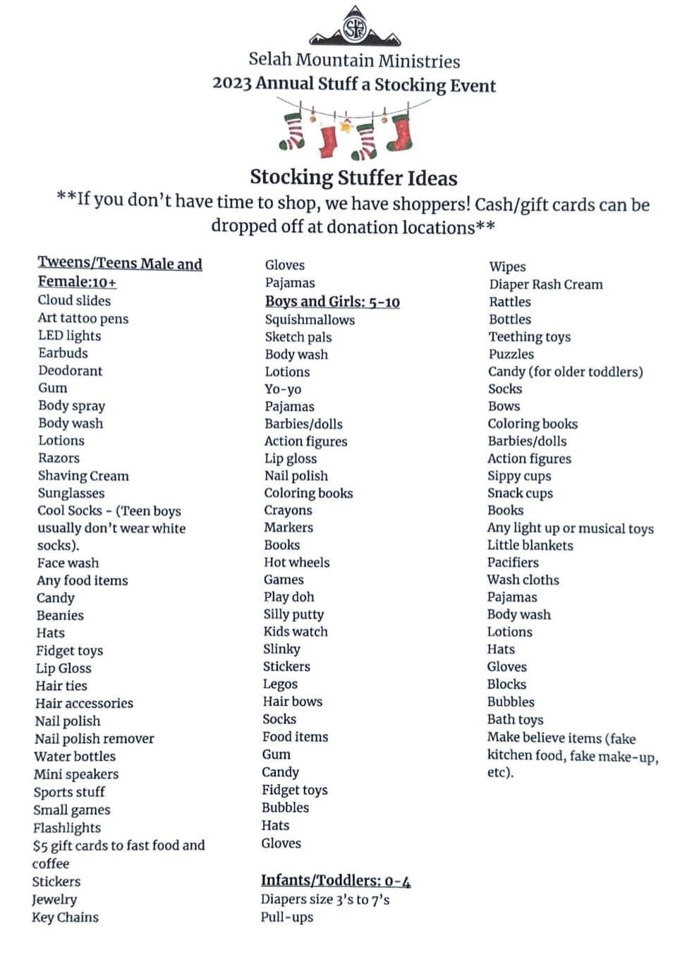 A list of donation ideas for the 2023 Stuff a Stocking event