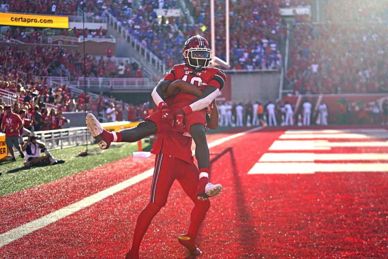 Utah Utes receiver Money Parks celebrates TD in first quarter vs. Florida Gators, Aug. 31, 2023