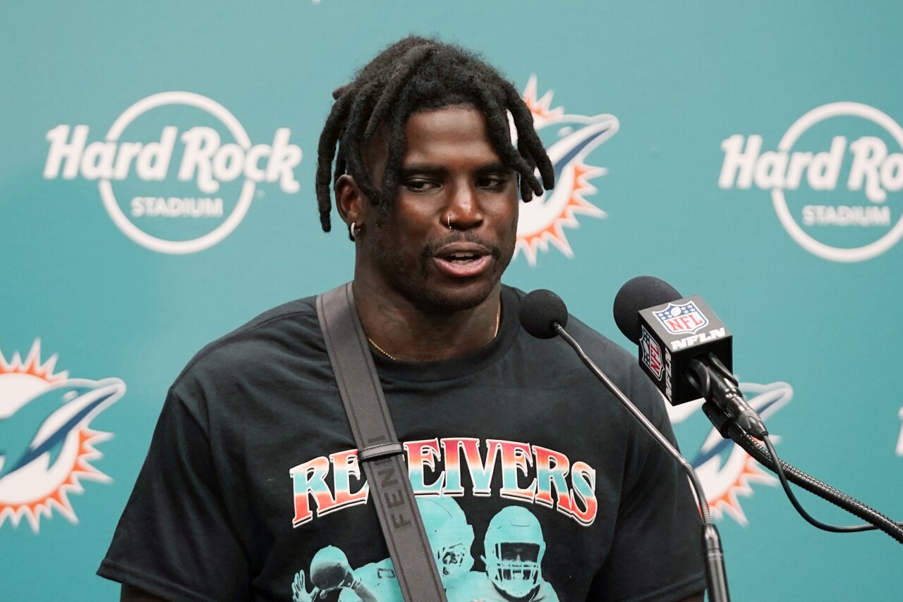 Miami Dolphins receiver Tyreek Hill speaks about backflip celebration, Oct. 15, 2023
