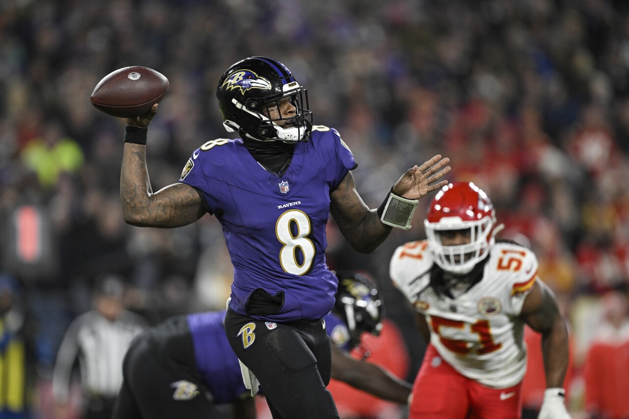 Baltimore Ravens QB Lamar Jackson passes during second half of AFC Championship vs. Kansas City Chiefs, Jan. 28, 2024