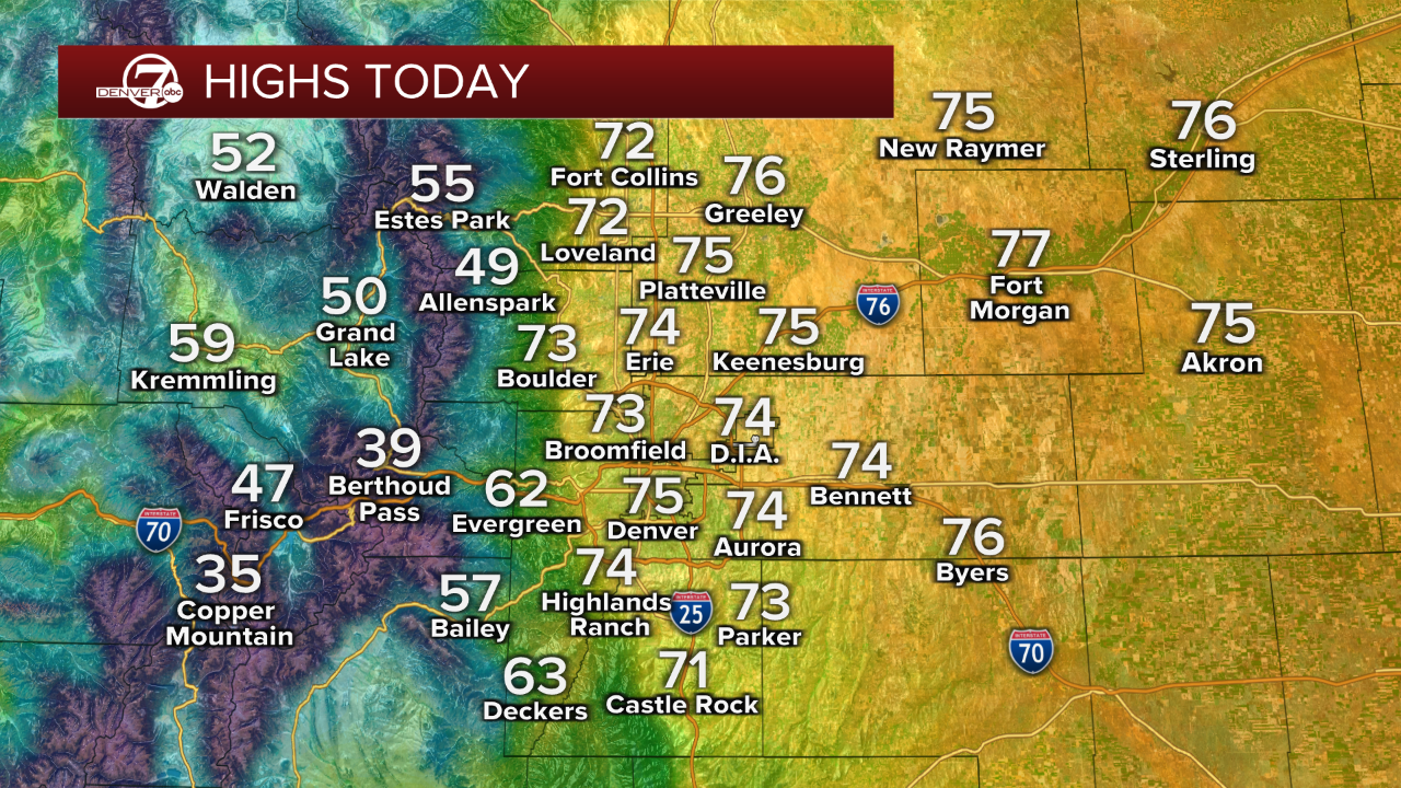 Saturday highs in the mid 70s