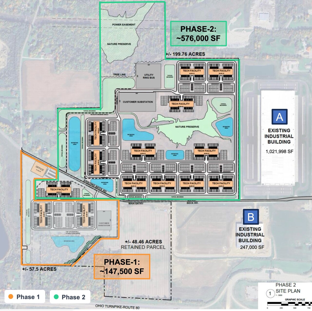 A site plan shows the two phases of the proposed Bitdeer data center project in Shalersville, just north of the Ohio Turnpike.
