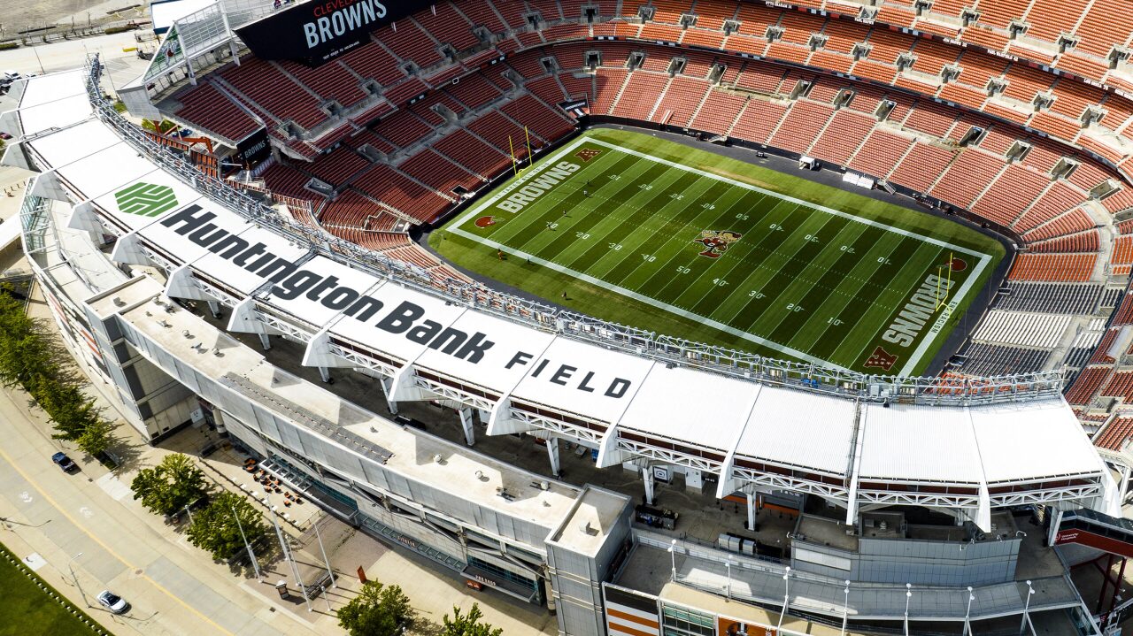 An image provided by the Cleveland Browns shows new Huntington Bank Field signs on the stadium.