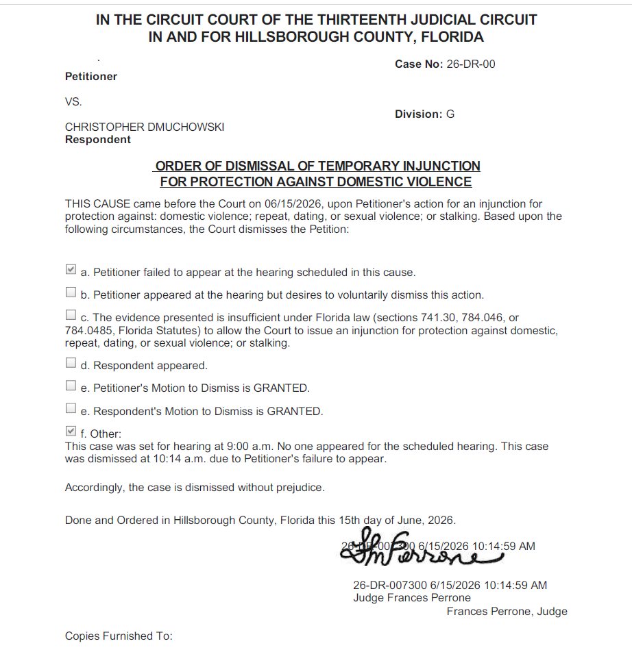 The victim sought a protection order June 5, but the case was dismissed June 15, when she failed to appear in court