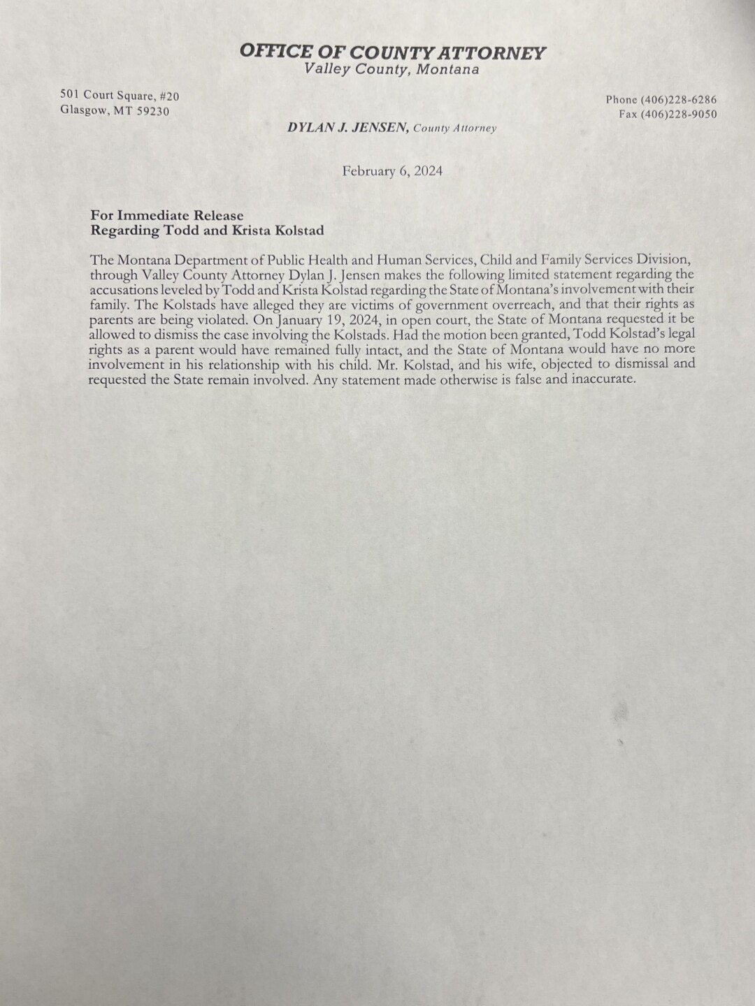 Valley County DA Statement