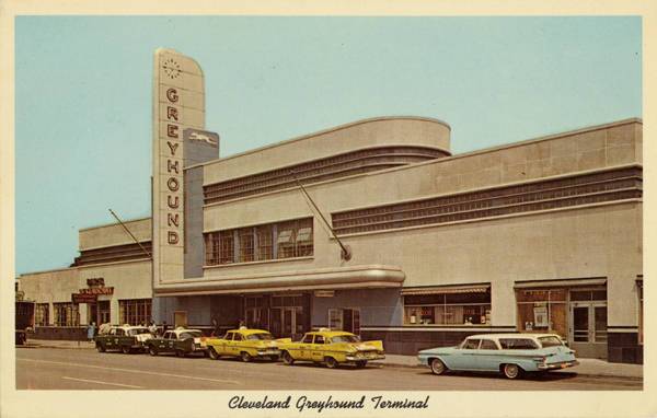 A vintage postcard shows Cleveland's historic Greyhound station in its prime.